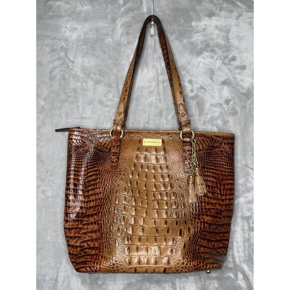 Brahmin Tote Bag Womens Brown Croc Embossed Leather Shoulder Purse Large Tassel - Picture 1 of 13